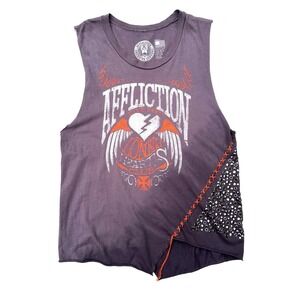 Affliction American Customs Tank Top Studded Wings Heart‎ Gray Asymmetrical S